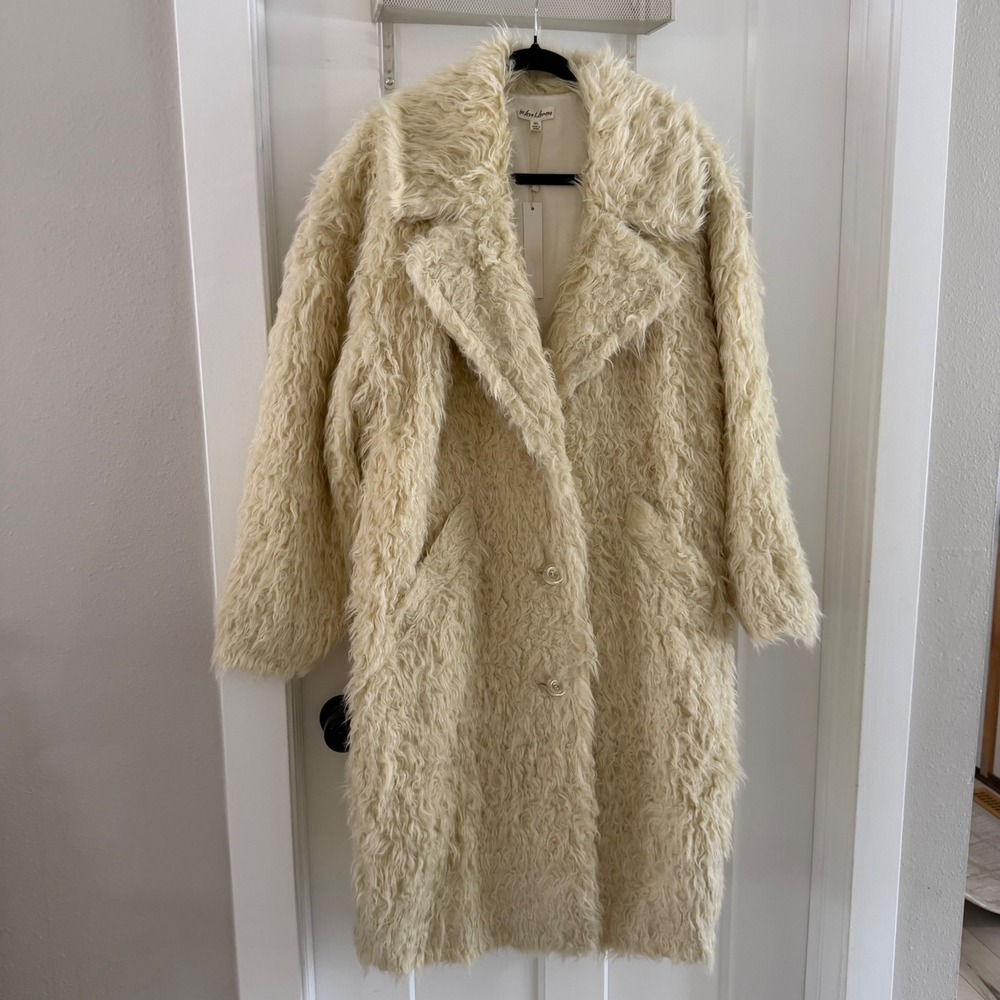 NWT For Love & Lemons Cream Shaggy Faux Fur Longline Coat Womens M/L New